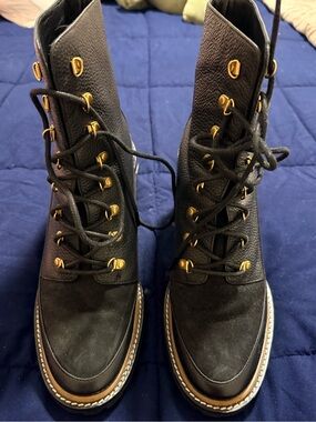 Tory Burch Black Lace-Up Women's Combat Boots with Gold Eyelets